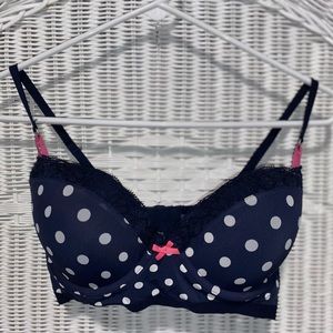 BARLEY WORN DUE TO WRONG SIZE- Gilly Hicks -Navy blue polka dota bra